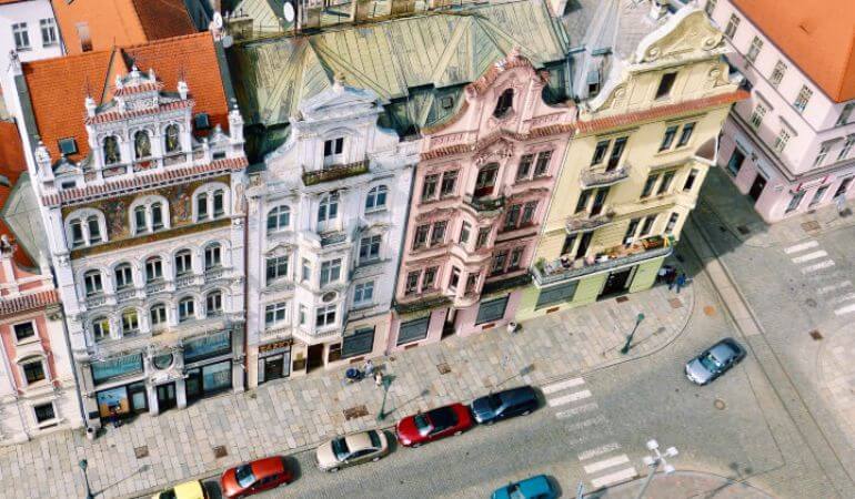 Colorful buildings in Plzeň, Czech Republic