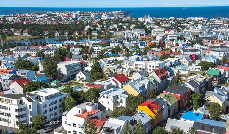 Reykjavik city aerial view of colorful houses, Iceland