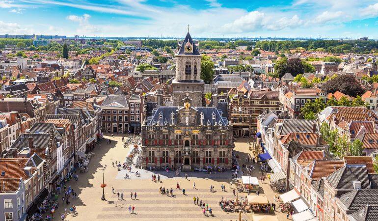 Aerial view of Delft in a beautiful summer day, The Netherlands