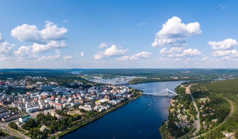 Aerial view of Rovaniemi city in Lapland province in northern Finland