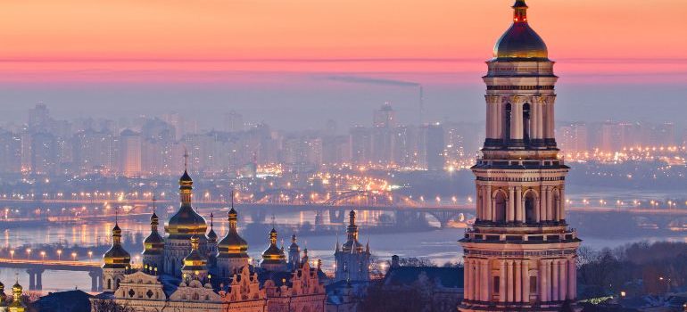 Aerial view at sunrise of the Kiev-Pechersk Lavra, Ukraine
