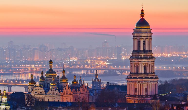 Aerial view at sunrise of the Kiev-Pechersk Lavra, Ukraine
