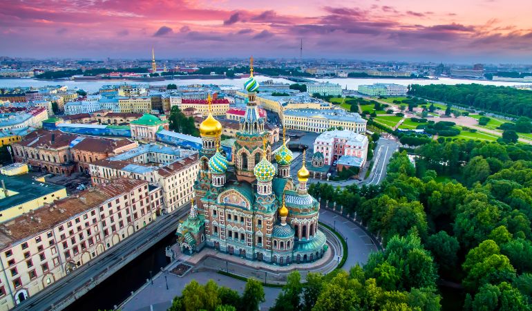 Panorama of St. Petersburg at the summer sunset