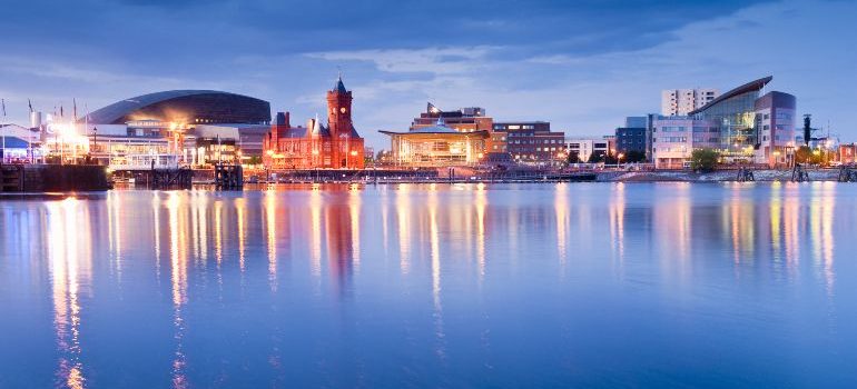 Pretty night time illuminations of the stunning Cardiff Bay, many sights visible including the Pierhead building and National Assembly for Wales