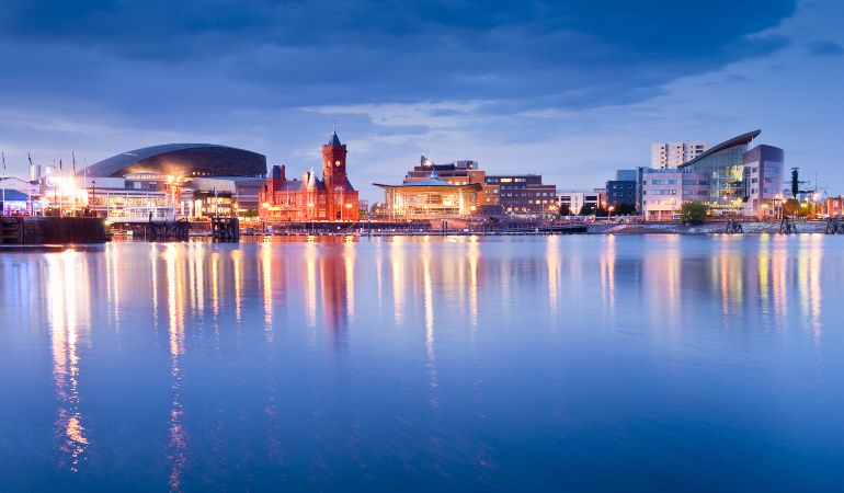 Pretty night time illuminations of the stunning Cardiff Bay, many sights visible including the Pierhead building and National Assembly for Wales