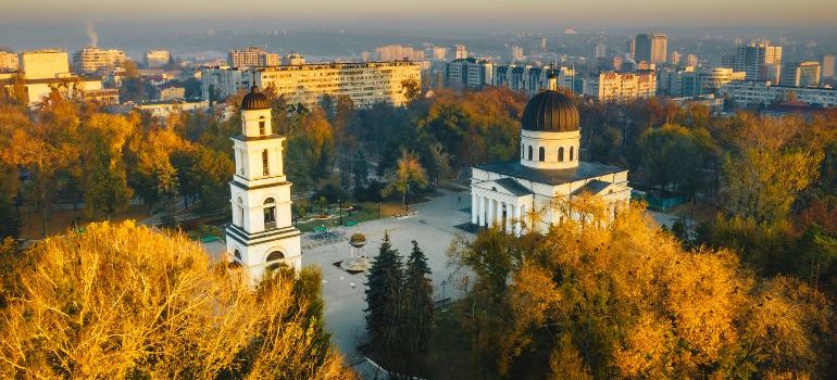 A view of Chisinau from above at sunset, capital city of Republic of Moldova