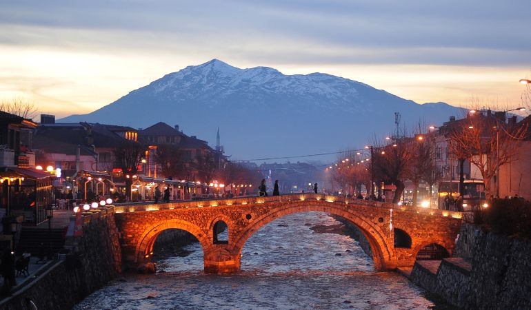 The center of Prizren, Kosovo at dusk