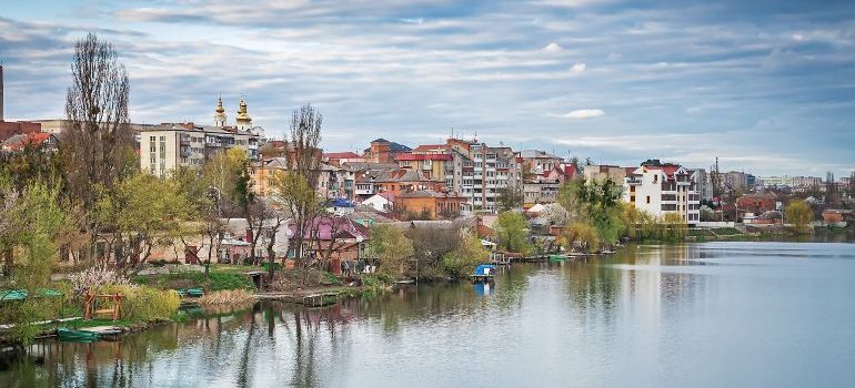 Cityscape of Vinnitsa reflected in the Vishenka lake, Ukraine