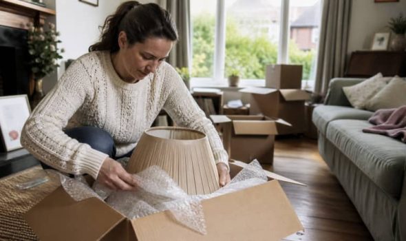 Illustration representing how to pack a lampshade for moving