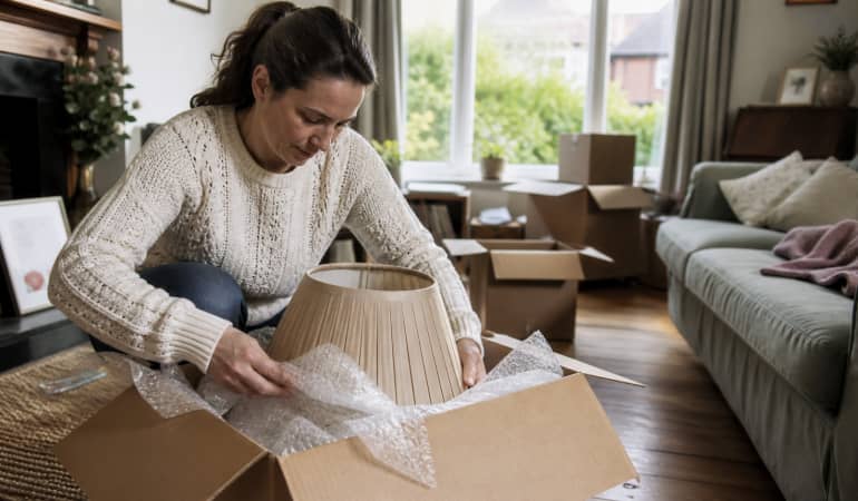 Illustration representing how to pack a lampshade for moving