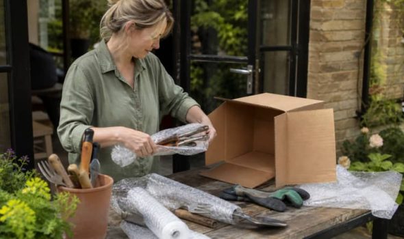 Illustration representing how to pack garden tools for moving
