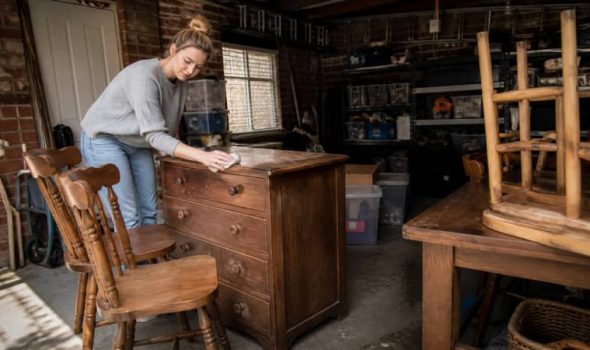 Illustration representing storing wooden furniture in garage