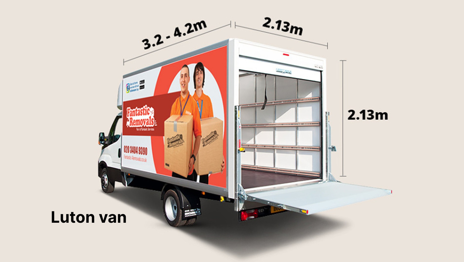 The image shows a photo of a branded Fantastic Services Luton van and its dimensions.