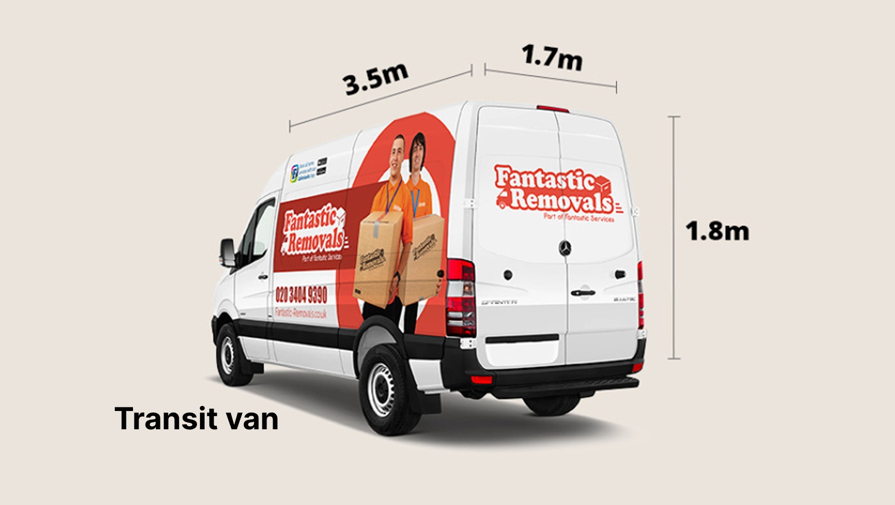 The image shows a photo of a branded Fantastic Services transit van and its dimensions.