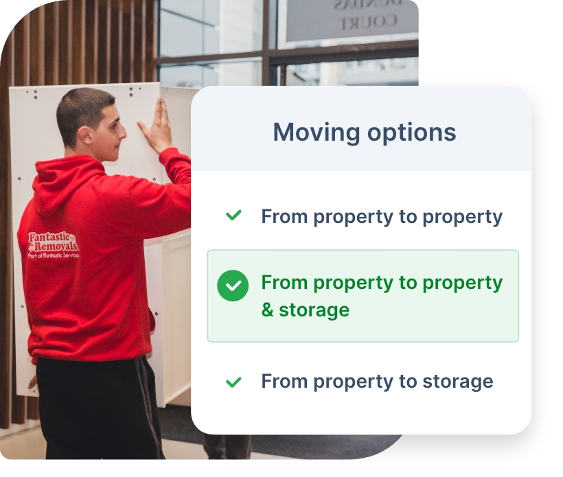 The image shows a mover who is wearing a Fantastic Removals hoodie and moving furniture.