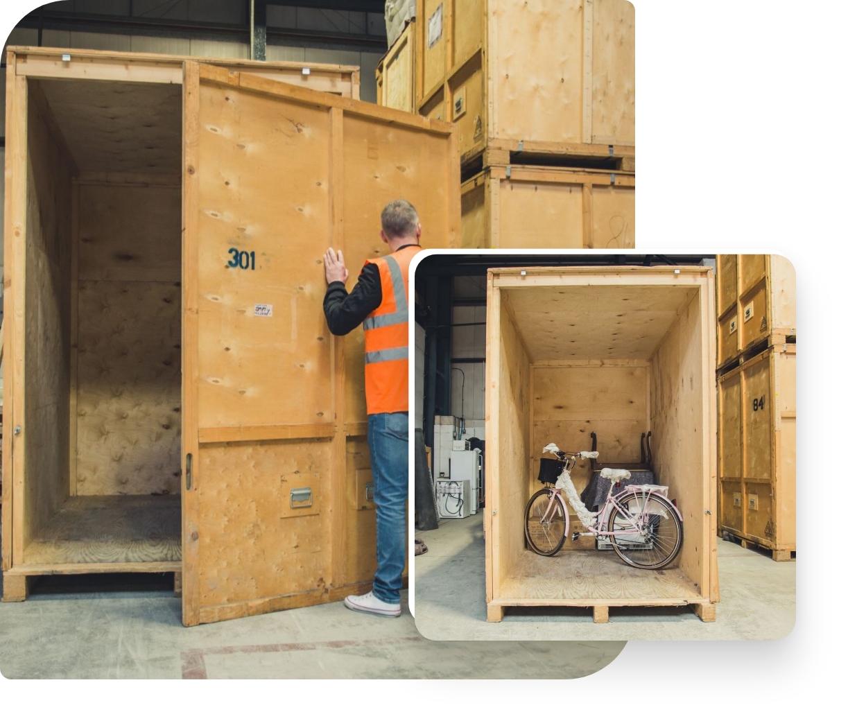The image shows pictures of a storage facility in London, showcasing the various storage units containing belongings.